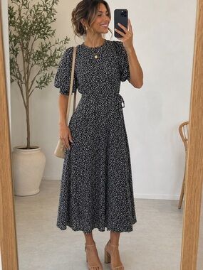 Black and White Floral‎ Midi Dress Puff Sleeve Cottagecore Spring Summer Dress
